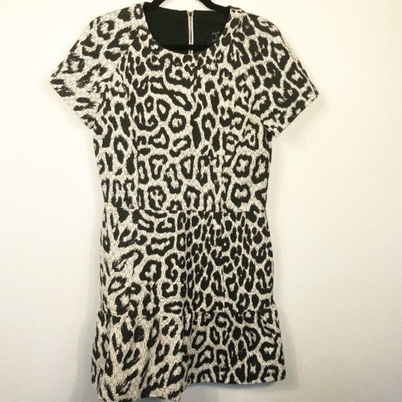 Sea Black Cream Animal Print Leopard Cheetah Woven Texture Dress Pockets Size 4 - Picture 6 of 9